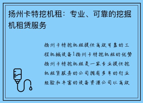扬州卡特挖机租：专业、可靠的挖掘机租赁服务